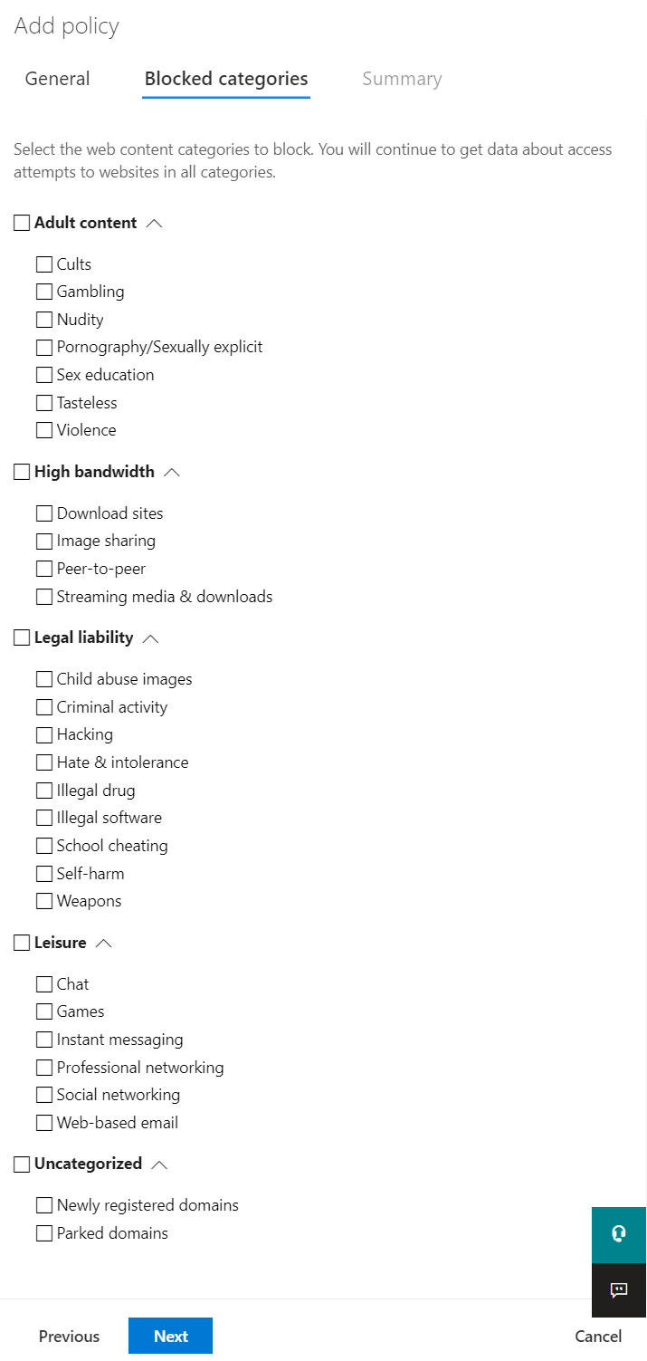 Web content filtering categories and subcategories